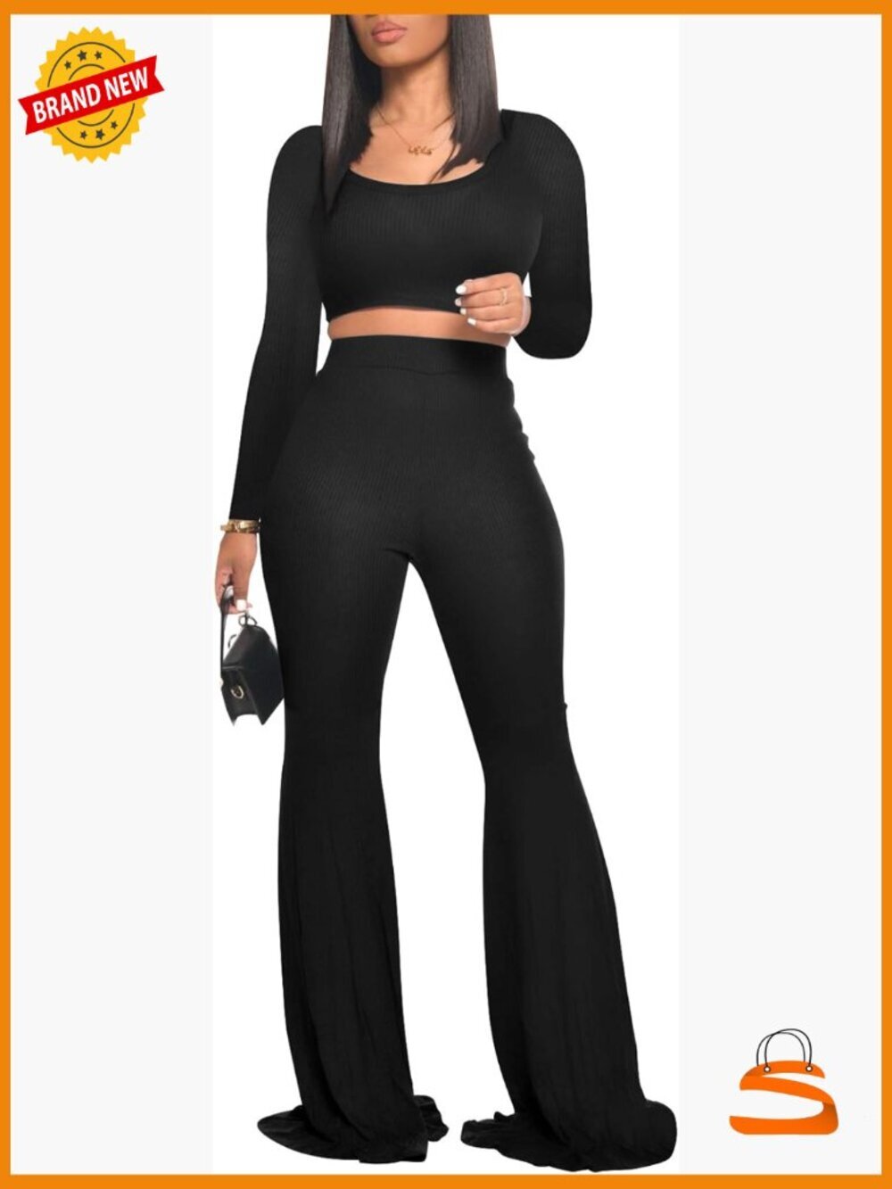 Sexy Crop Top & Flared Pants Two Piece Sweatsuit Ribbed Yoga Set